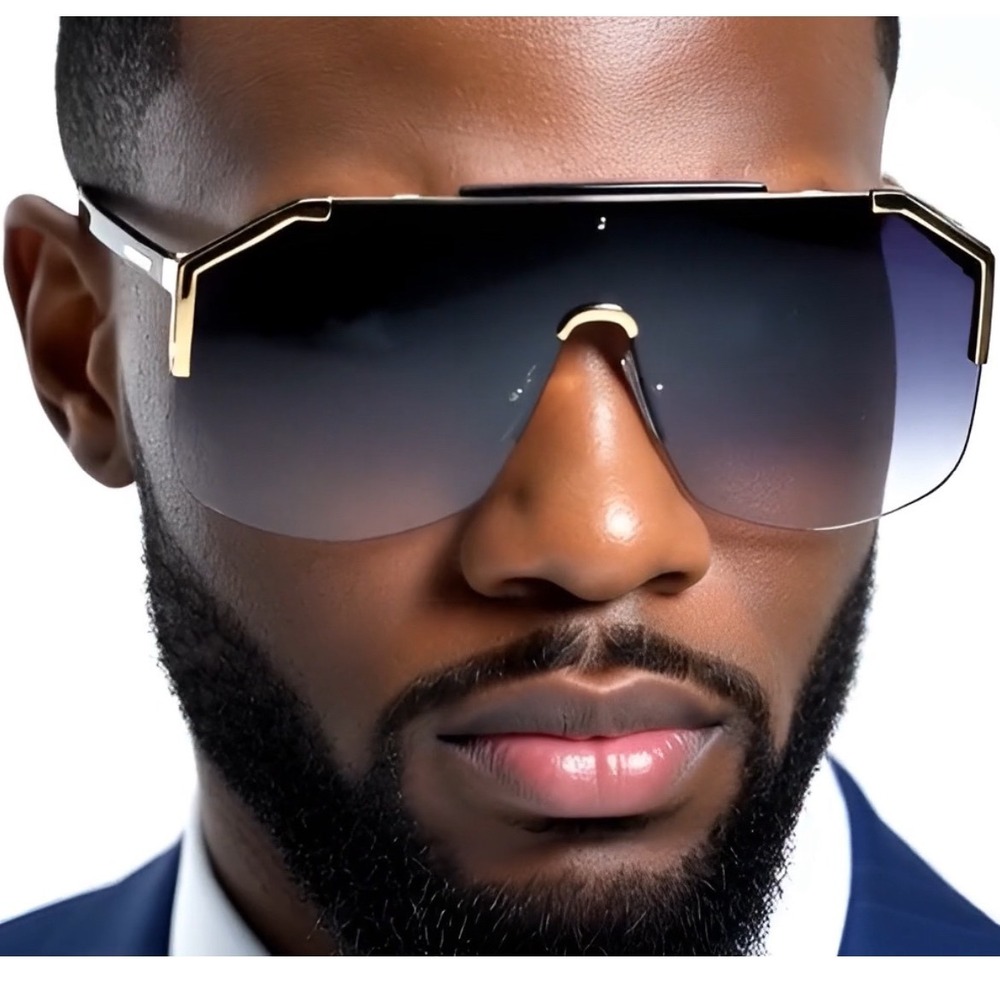 Mens Shield Sunglasses Gold Trim‎ Oversized Rimless Gradient Lens Hip Hop Cholo